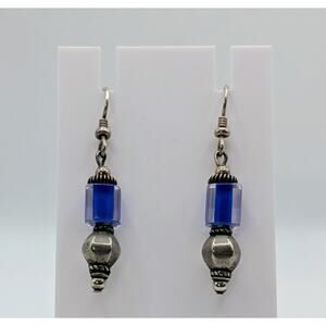 Sterling Silver Blue Glass Dangle Earrings Artisan Style
